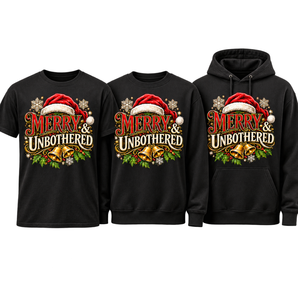 Merry and Unbothered premium T-shirt, crewneck, and hoodie lineup