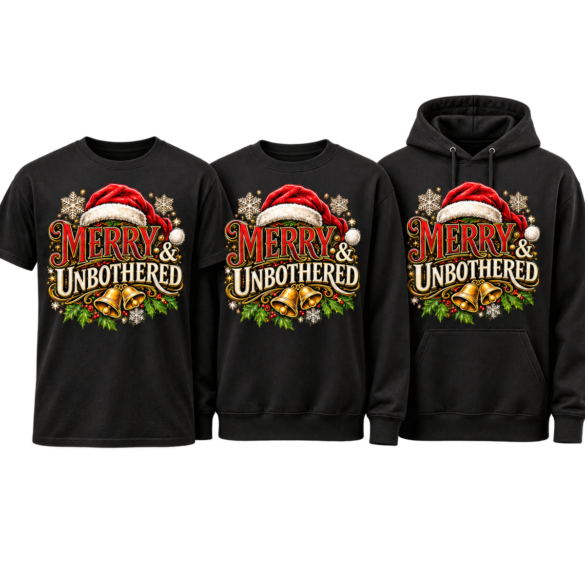 Merry and Unbothered premium T-shirt, crewneck, and hoodie lineup