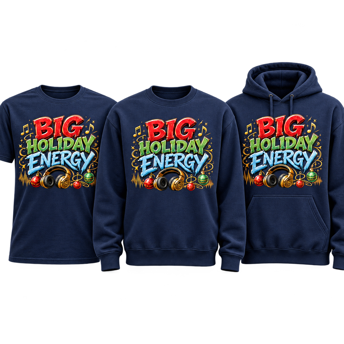 Big Holiday Energy premium T-shirt, crewneck, and hoodie lineup