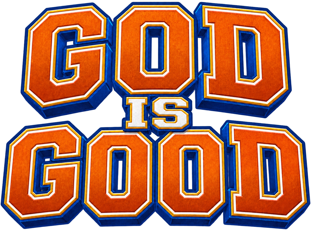 God Is Good orange and blue varsity print artwork