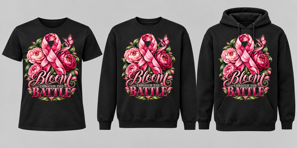 Bloom Through the Battle black tee crewneck and hoodie lineup