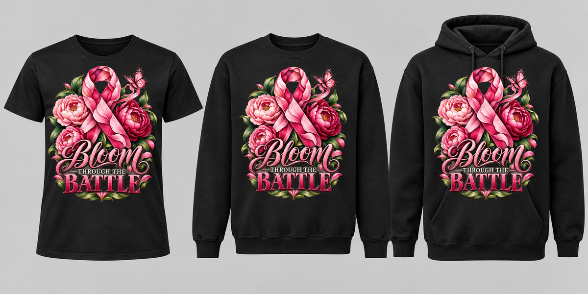 Bloom Through the Battle black tee crewneck and hoodie lineup