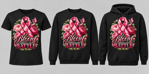 Bloom Through the Battle black tee crewneck and hoodie lineup