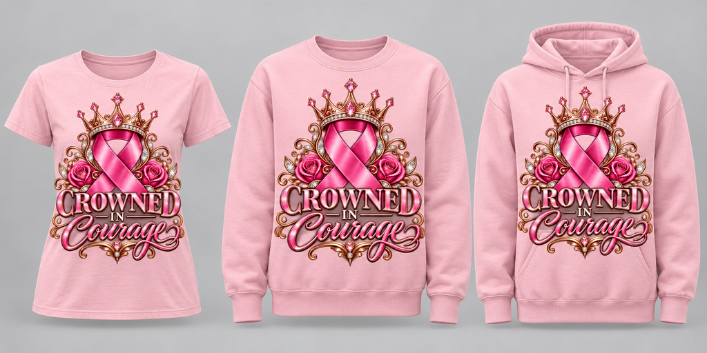 Crowned in Courage blush tee crewneck and hoodie lineup