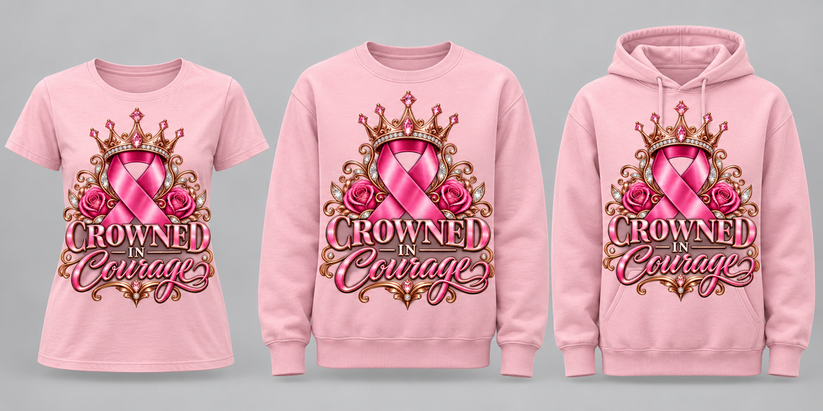Crowned in Courage blush tee crewneck and hoodie lineup