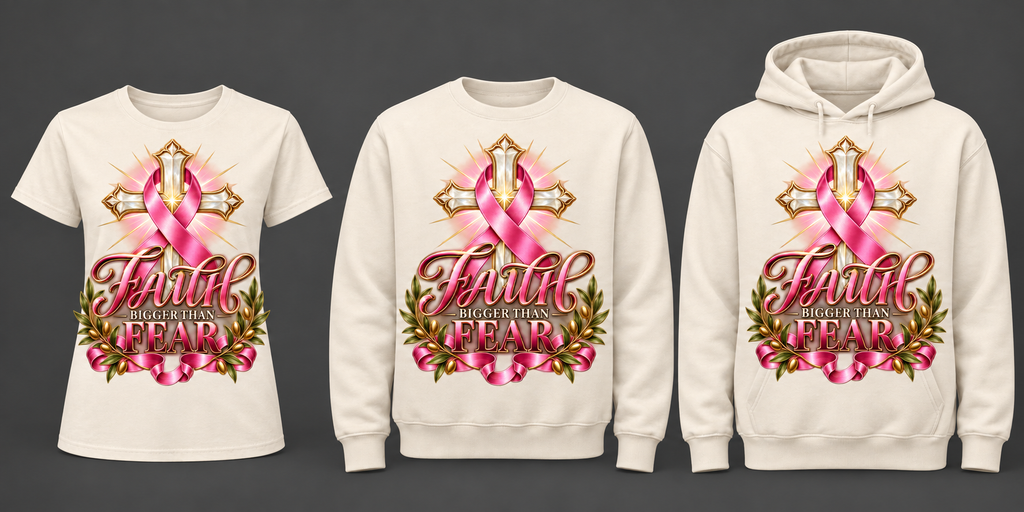 Faith Bigger Than Fear ivory tee crewneck and hoodie lineup