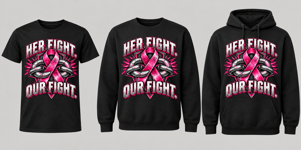 Her Fight Our Fight black tee crewneck and hoodie lineup