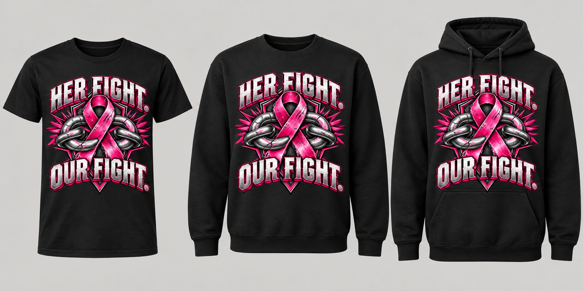 Her Fight Our Fight black tee crewneck and hoodie lineup