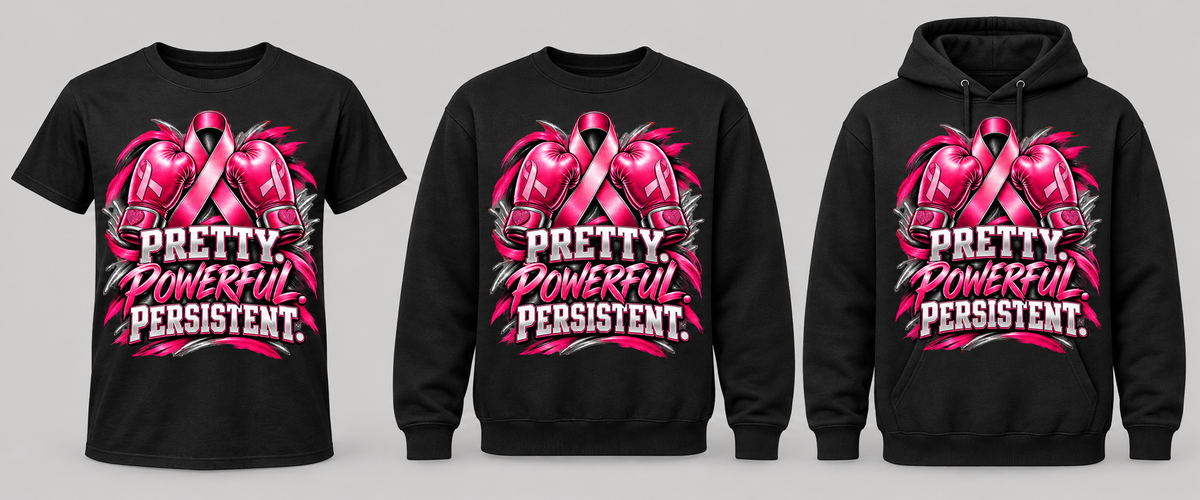 Pretty Powerful Persistent black tee crewneck and hoodie lineup