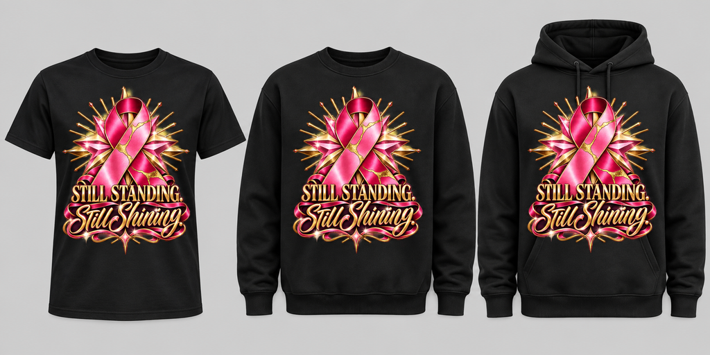 Still Standing Still Shining black tee crewneck and hoodie lineup