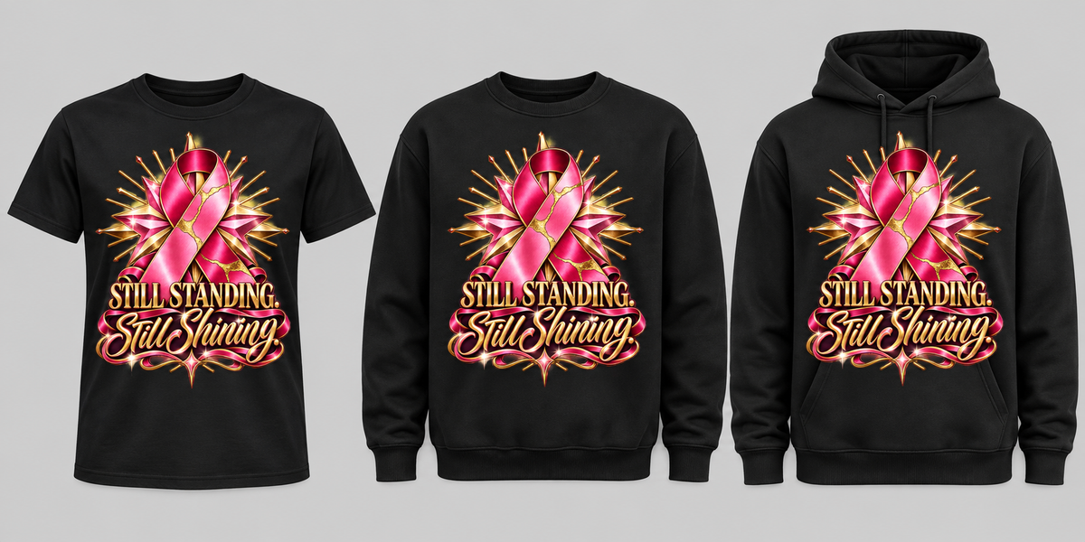Still Standing Still Shining black tee crewneck and hoodie lineup
