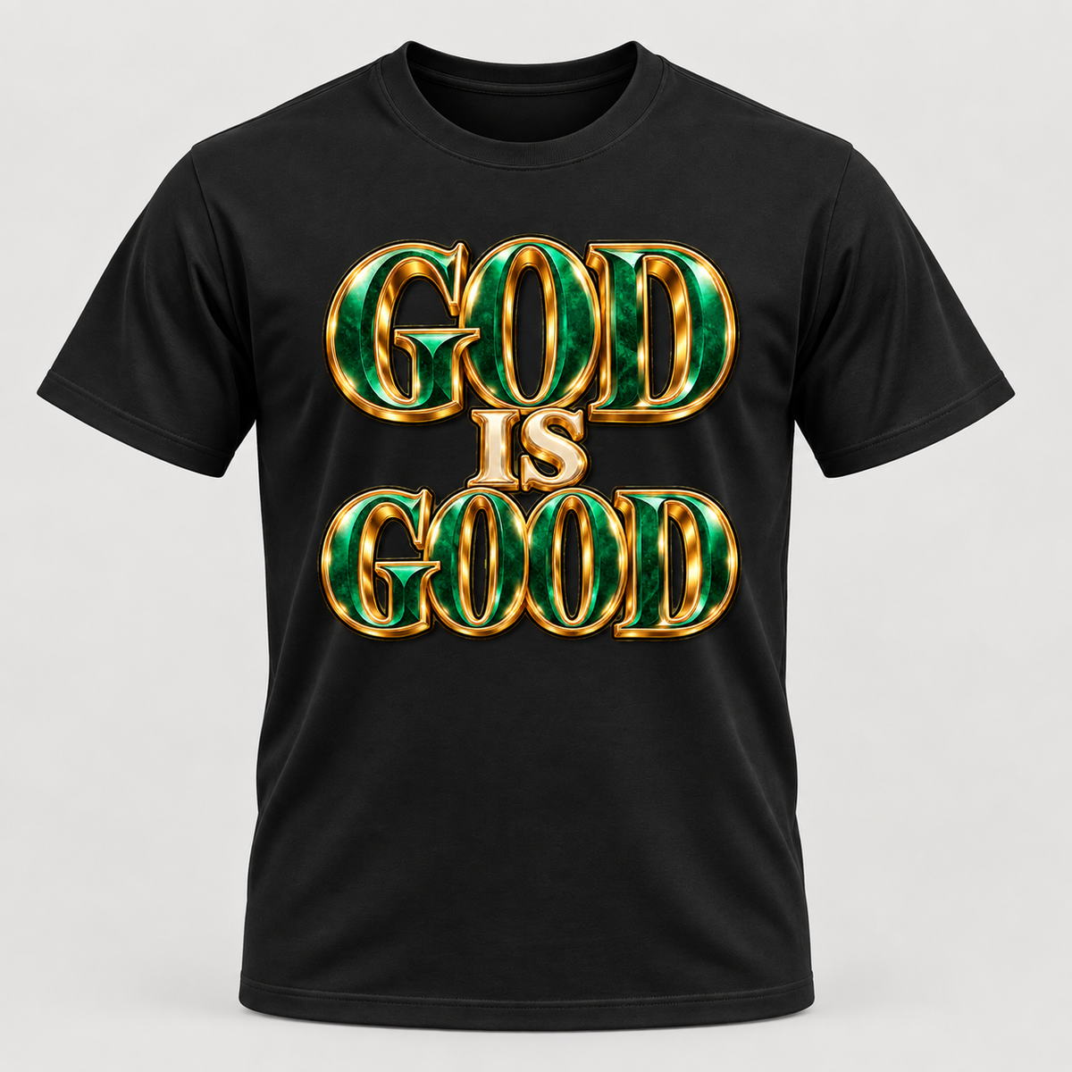 Black premium T-shirt with emerald and gold God Is Good design