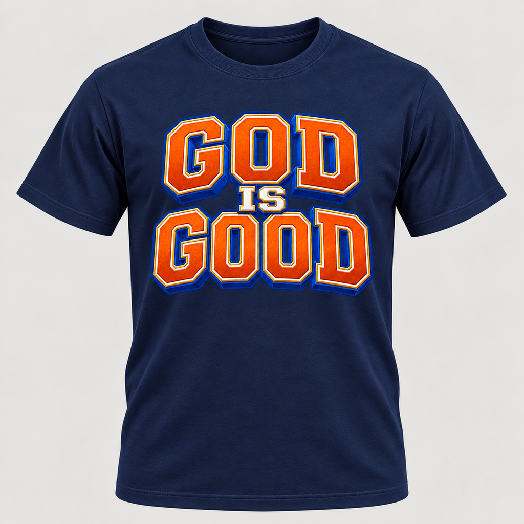 Navy premium T-shirt with orange and blue varsity God Is Good design