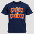 Navy premium T-shirt with orange and blue varsity God Is Good design