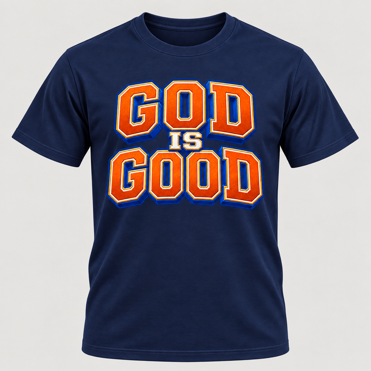 Navy premium T-shirt with orange and blue varsity God Is Good design