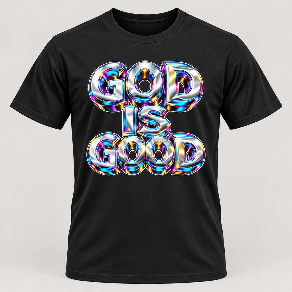Black premium T-shirt with prismatic chrome God Is Good design