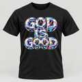 Black premium T-shirt with prismatic chrome God Is Good design