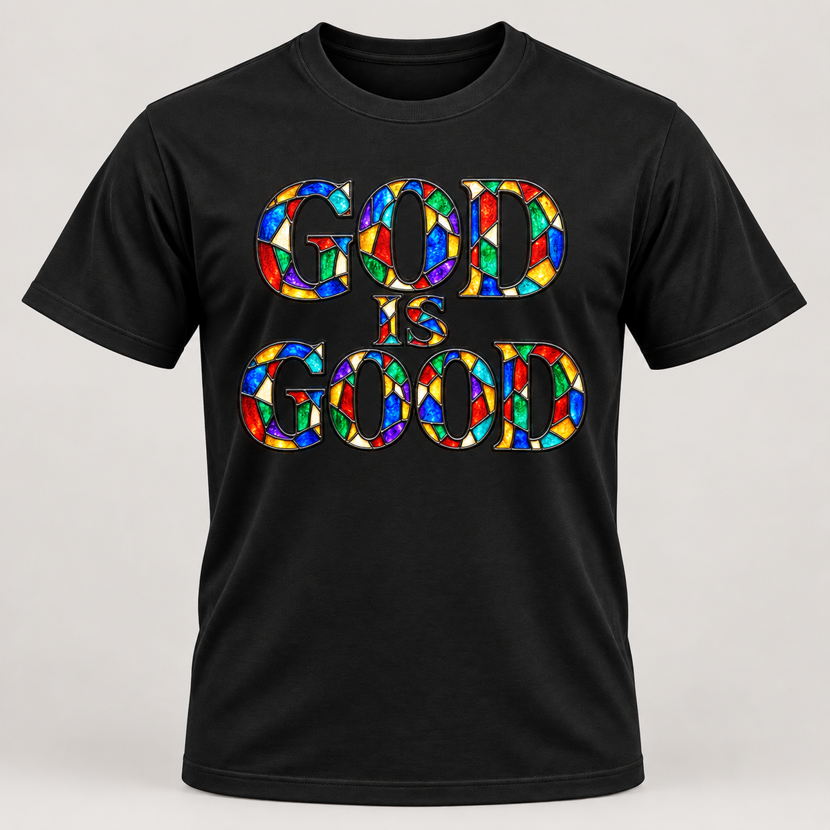 Black premium T-shirt with stained glass God Is Good design