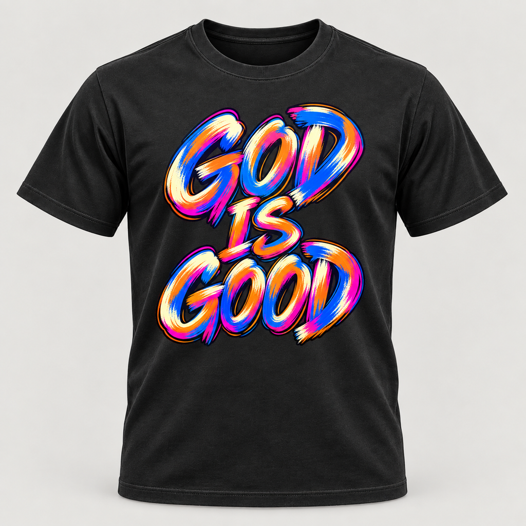 Washed black premium T-shirt with colorful God Is Good brush design