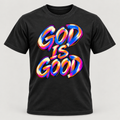 Washed black premium T-shirt with colorful God Is Good brush design