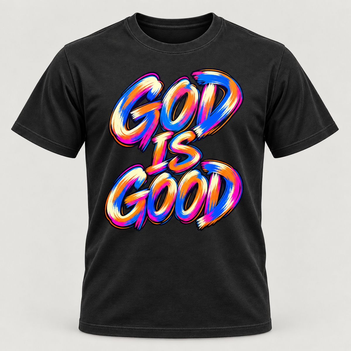 Washed black premium T-shirt with colorful God Is Good brush design