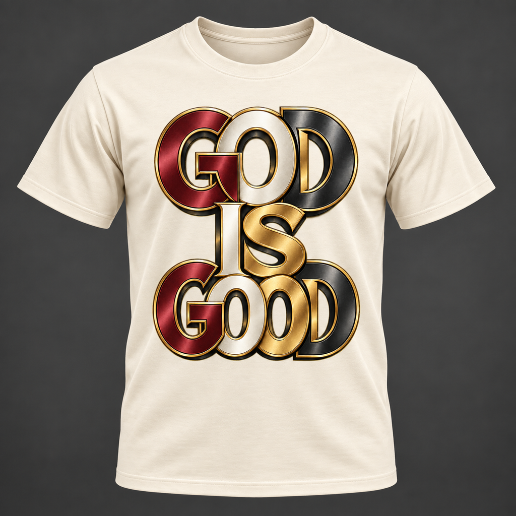 Cream premium T-shirt with wine black white and gold God Is Good design
