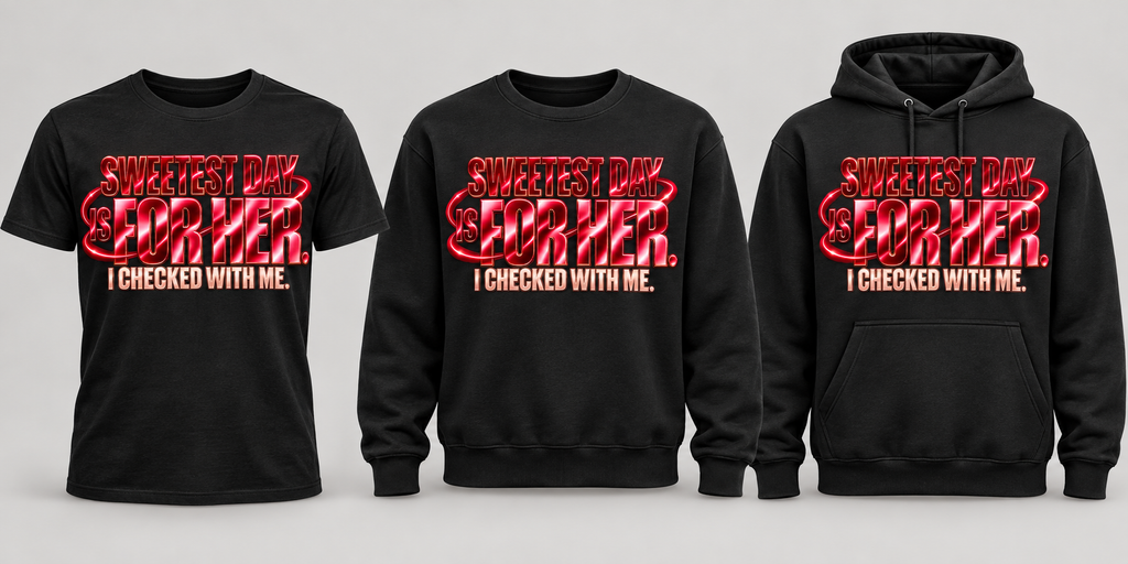 Black premium T-shirt, crewneck, and hoodie featuring Sweetest Day Is for Her