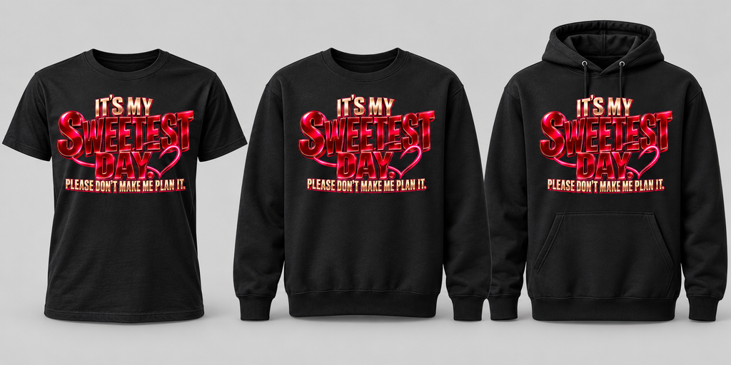 Black premium T-shirt, crewneck, and hoodie featuring It's My Sweetest Day
