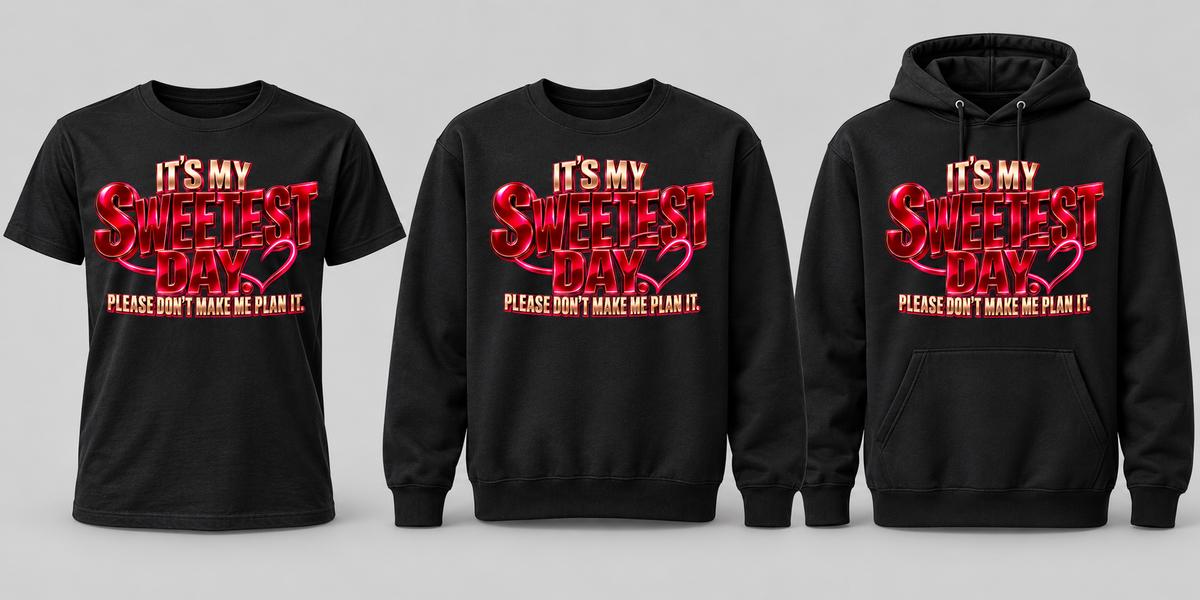 Black premium T-shirt, crewneck, and hoodie featuring It's My Sweetest Day