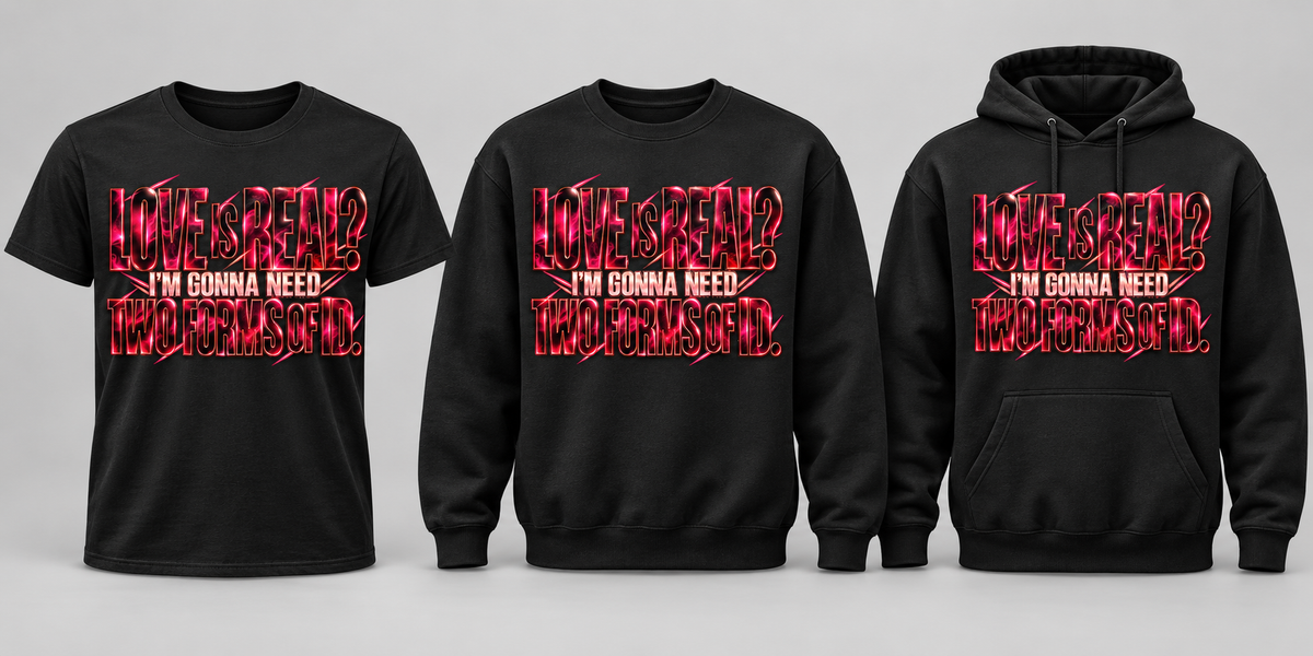 Black premium T-shirt, crewneck, and hoodie featuring Love Is Real? I'm Gonna Need Two Forms of ID