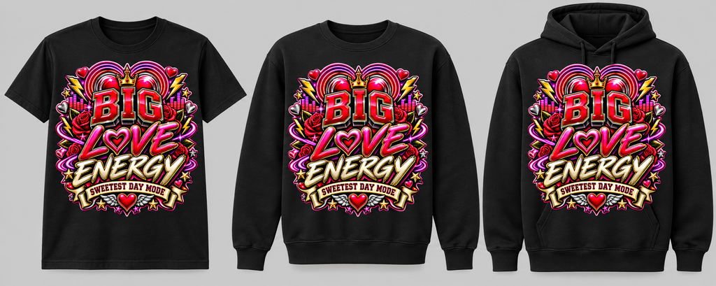 Big Love Energy black tee crewneck and hoodie lineup