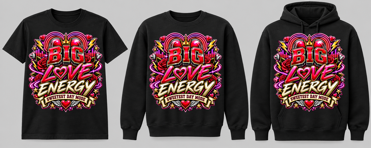 Big Love Energy black tee crewneck and hoodie lineup