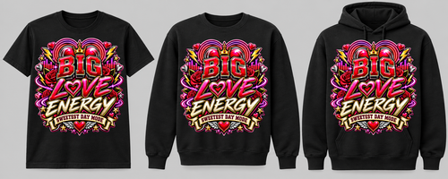Big Love Energy black tee crewneck and hoodie lineup