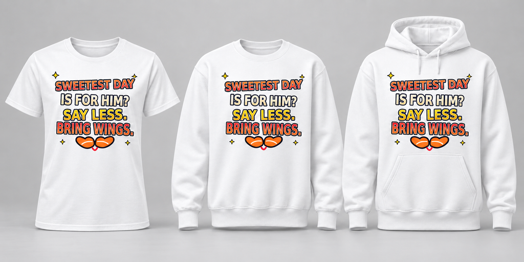 White premium T-shirt, crewneck, and hoodie featuring Sweetest Day Is for Him? Bring Wings
