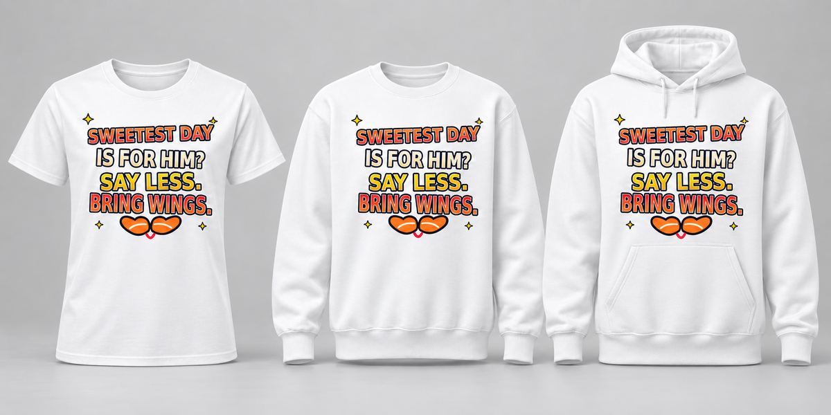 White premium T-shirt, crewneck, and hoodie featuring Sweetest Day Is for Him? Bring Wings