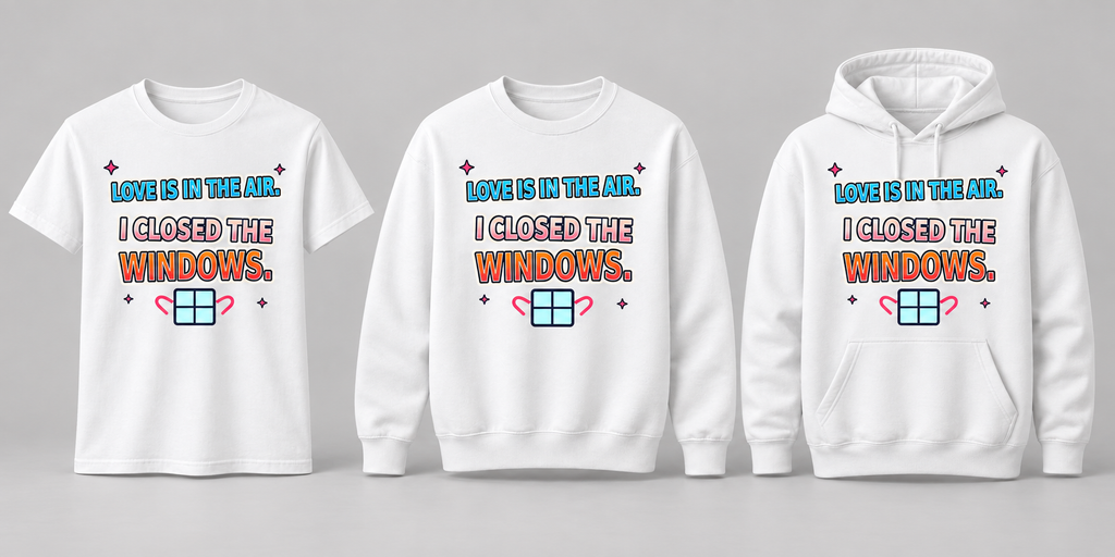 White premium T-shirt, crewneck, and hoodie featuring Love Is in the Air: I Closed the Windows