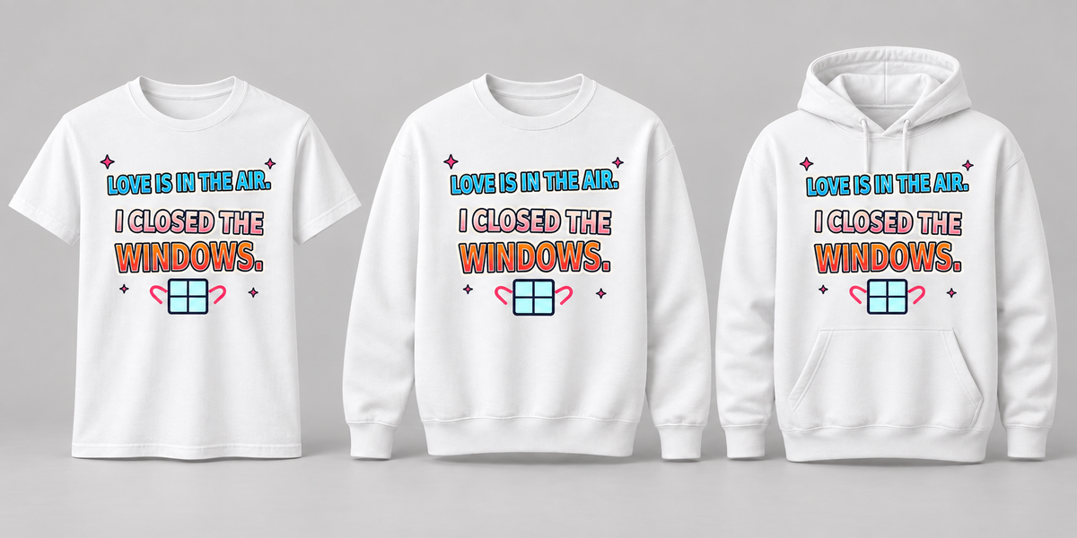 White premium T-shirt, crewneck, and hoodie featuring Love Is in the Air: I Closed the Windows