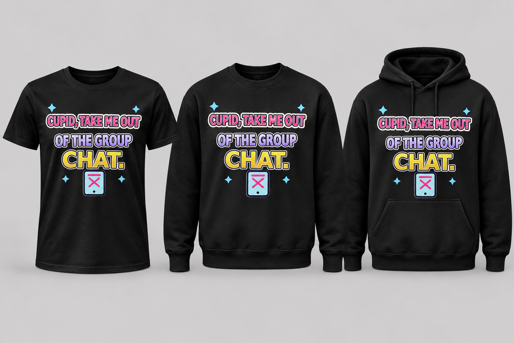Black premium T-shirt, crewneck, and hoodie featuring Cupid, Take Me Out of the Group Chat