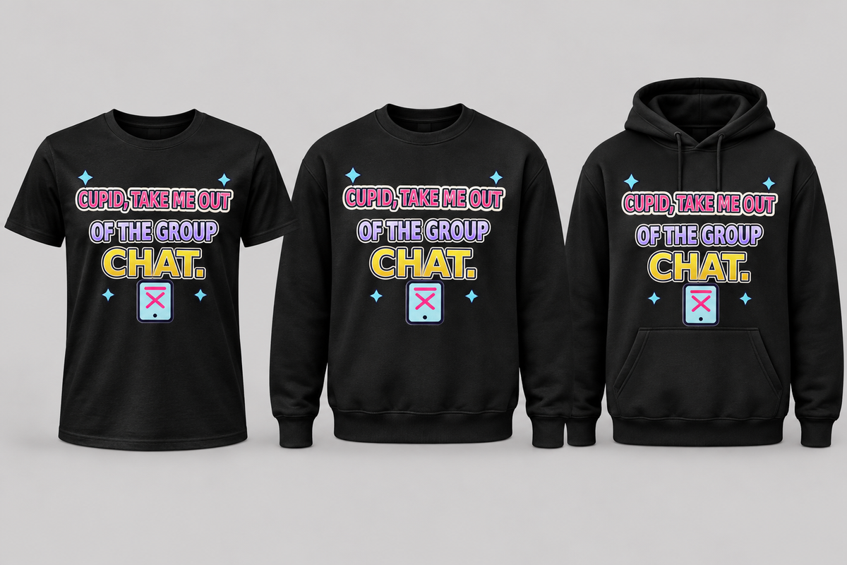 Black premium T-shirt, crewneck, and hoodie featuring Cupid, Take Me Out of the Group Chat