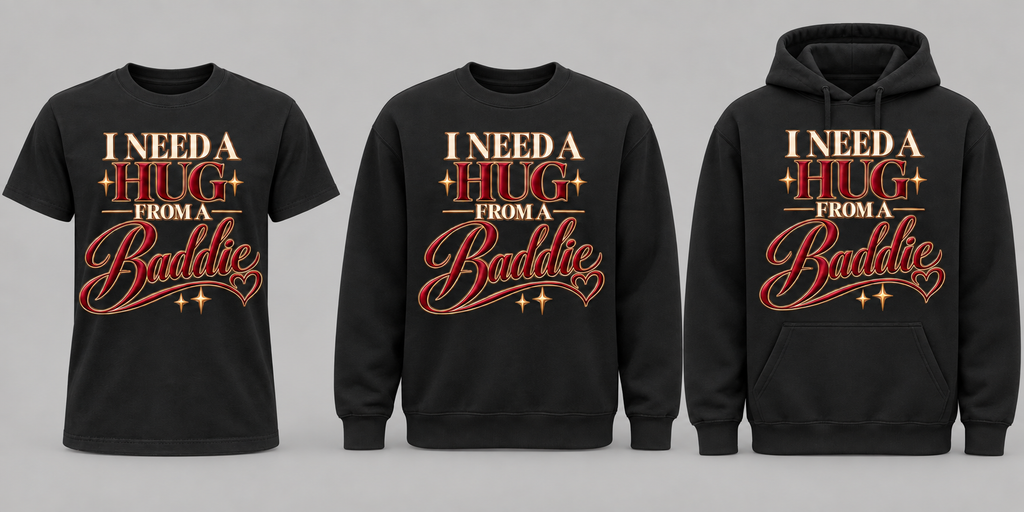 Black premium T-shirt, crewneck, and hoodie featuring I Need a Hug From a Baddie
