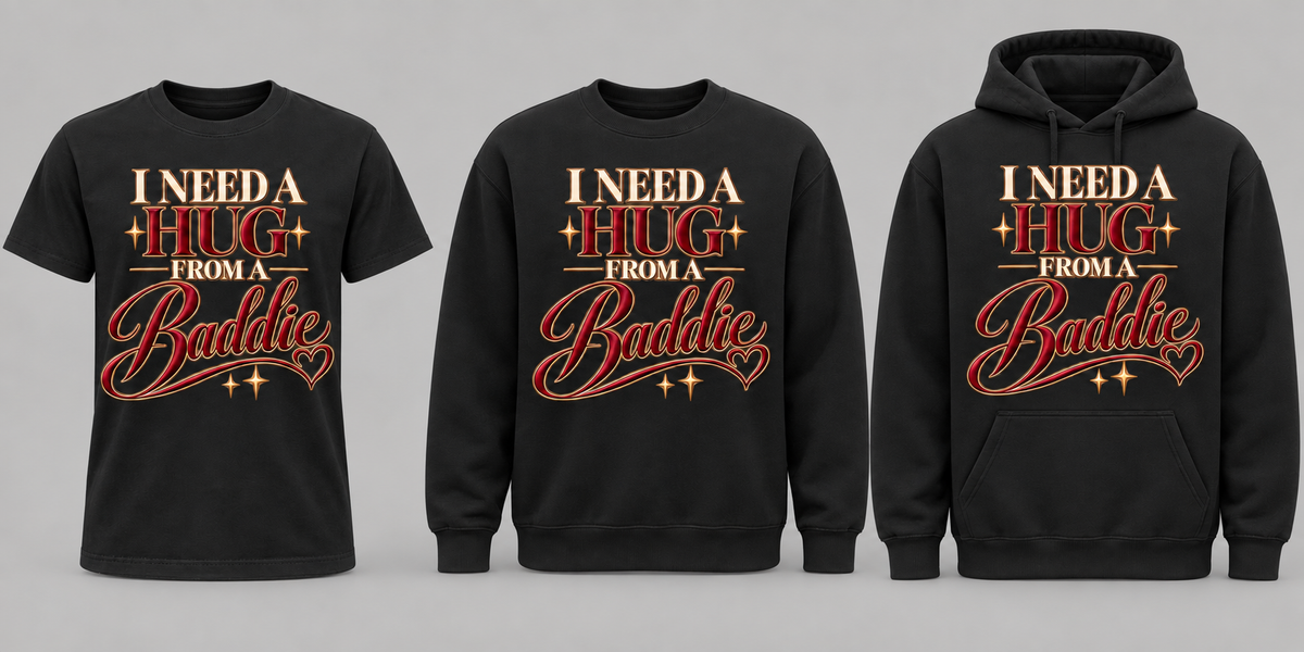 Black premium T-shirt, crewneck, and hoodie featuring I Need a Hug From a Baddie