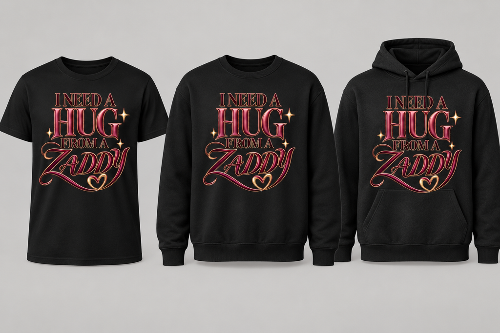 Black premium T-shirt, crewneck, and hoodie featuring I Need a Hug From a Zaddy