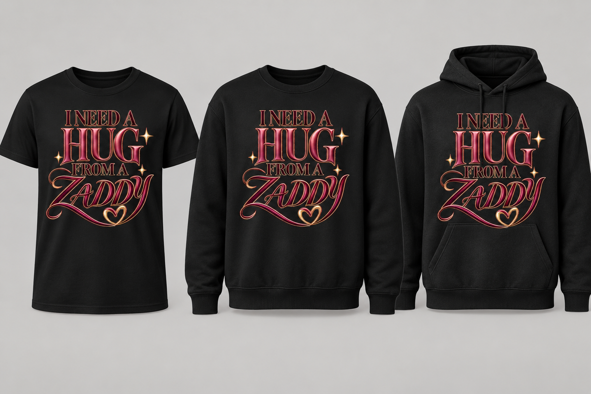 Black premium T-shirt, crewneck, and hoodie featuring I Need a Hug From a Zaddy