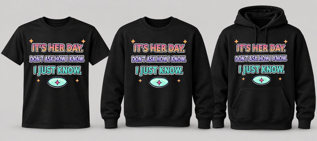 Black premium T-shirt, crewneck, and hoodie featuring It's Her Day: I Just Know