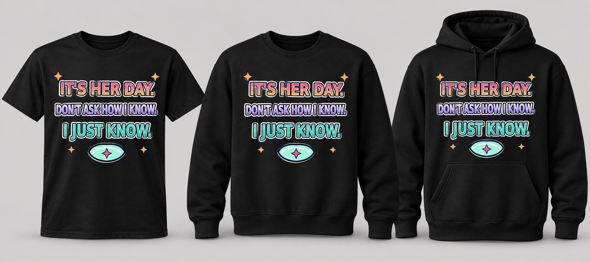 Black premium T-shirt, crewneck, and hoodie featuring It's Her Day: I Just Know