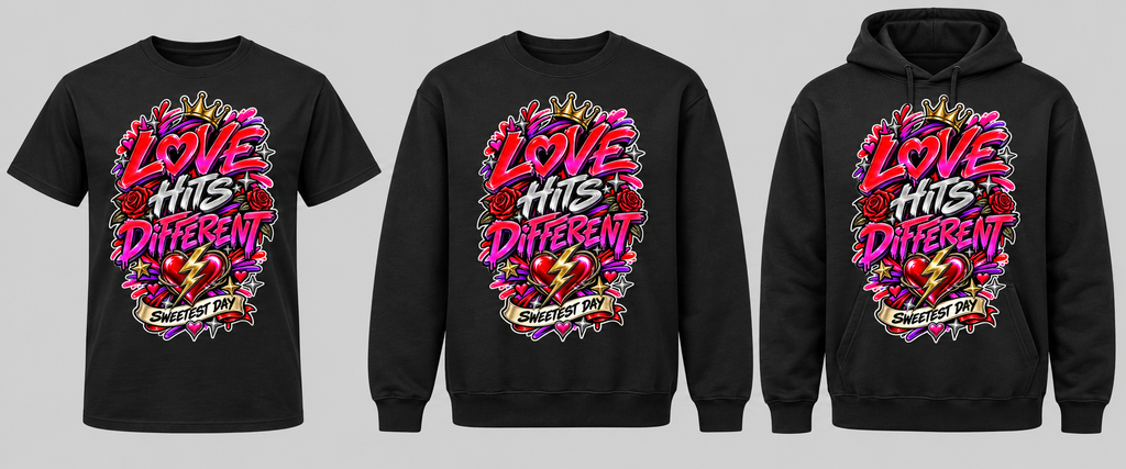 Love Hits Different black tee crewneck and hoodie lineup