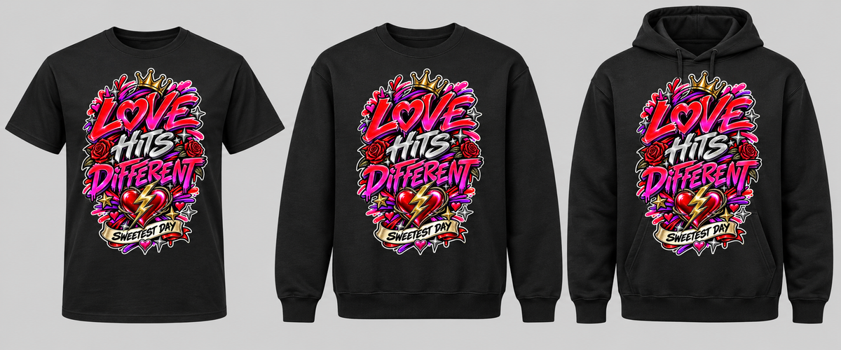 Love Hits Different black tee crewneck and hoodie lineup