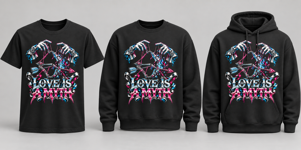 Black premium T-shirt, crewneck, and hoodie featuring Love Is a Myth