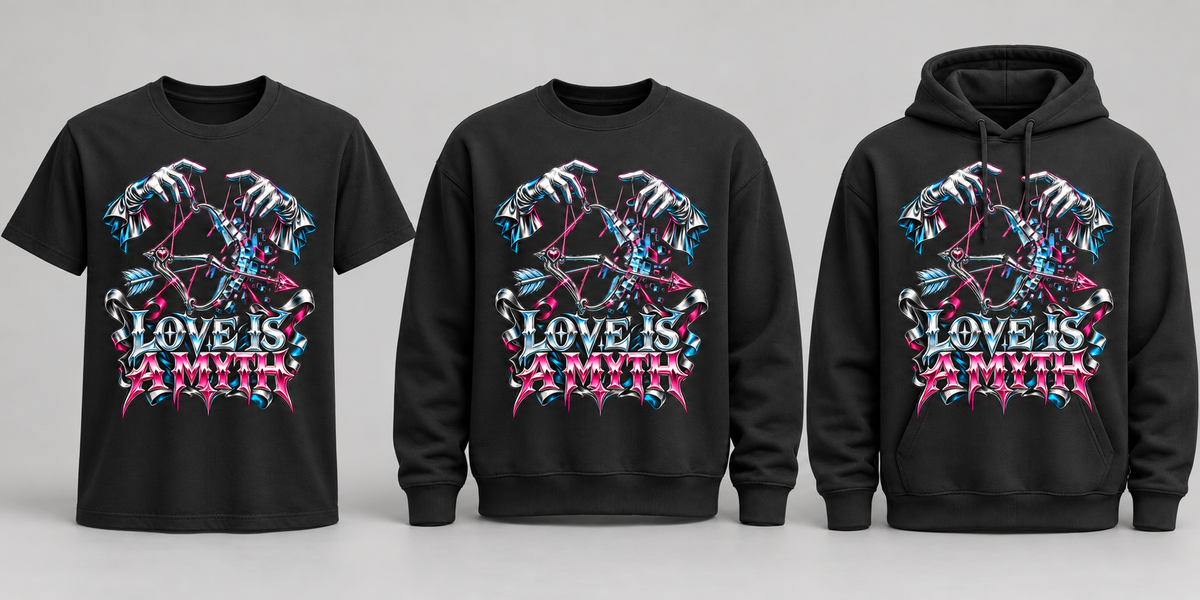 Black premium T-shirt, crewneck, and hoodie featuring Love Is a Myth