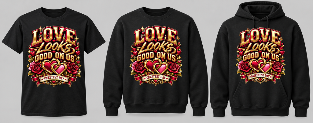 Love Looks Good on Us black tee crewneck and hoodie lineup